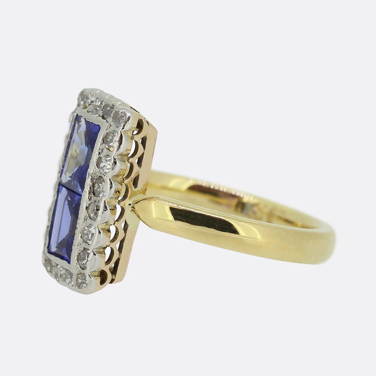 Here we have an Art Deco sapphire and diamond tablet ring. The ring consists of two centralised rectangular shaped sapphires atop of one another surrounded by a frame of single cut diamonds; all of which are set in white gold and sit atop an 18ct