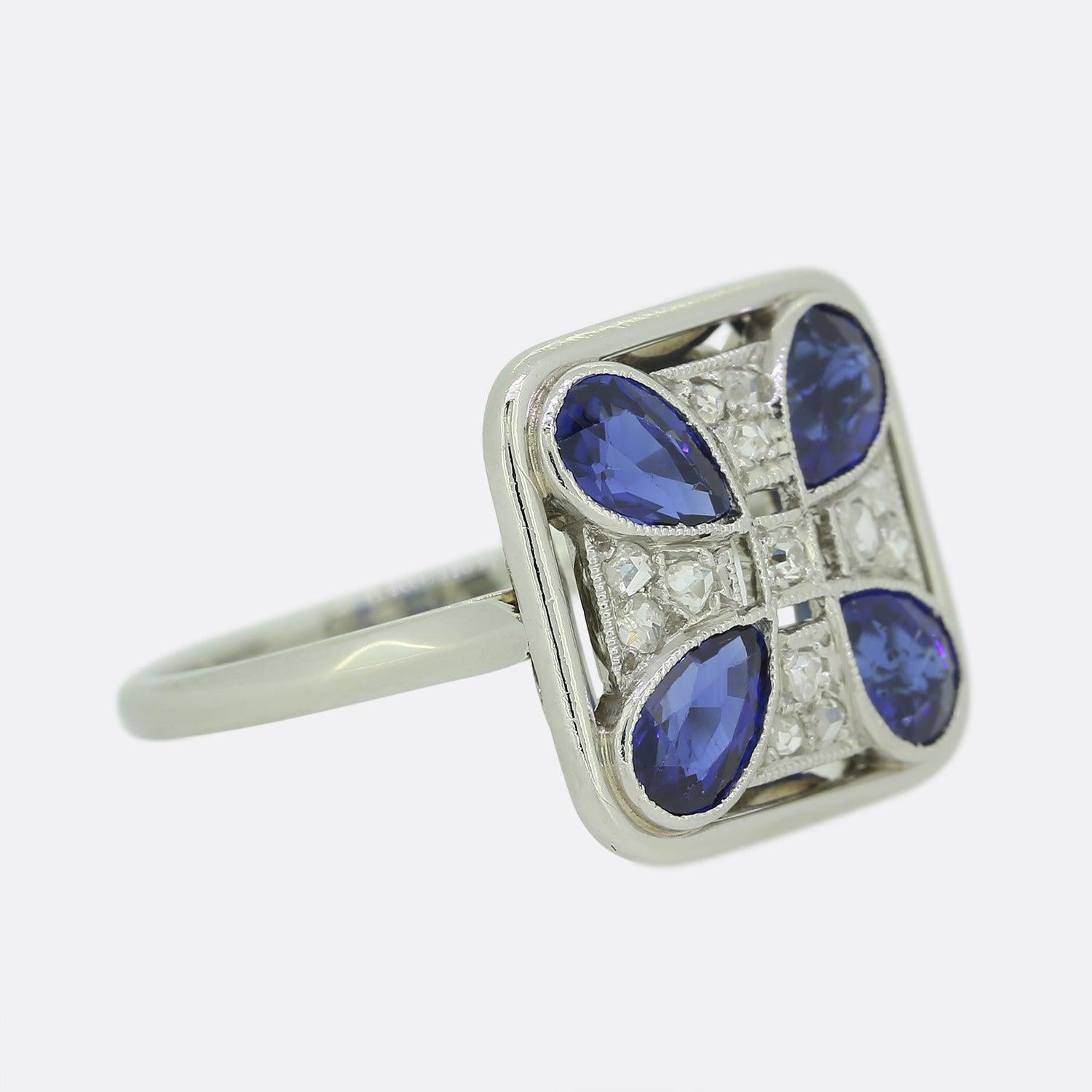 Pear Cut Art Deco Sapphire and Diamond Tablet Ring For Sale