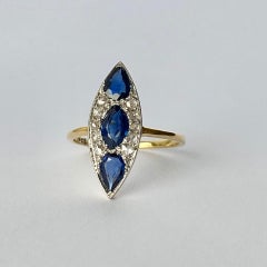 Art Deco Sapphire and Diamond Three Stone Navette Cluster Ring 