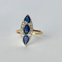 Art Deco Sapphire and Diamond Three Stone Navette Cluster Ring