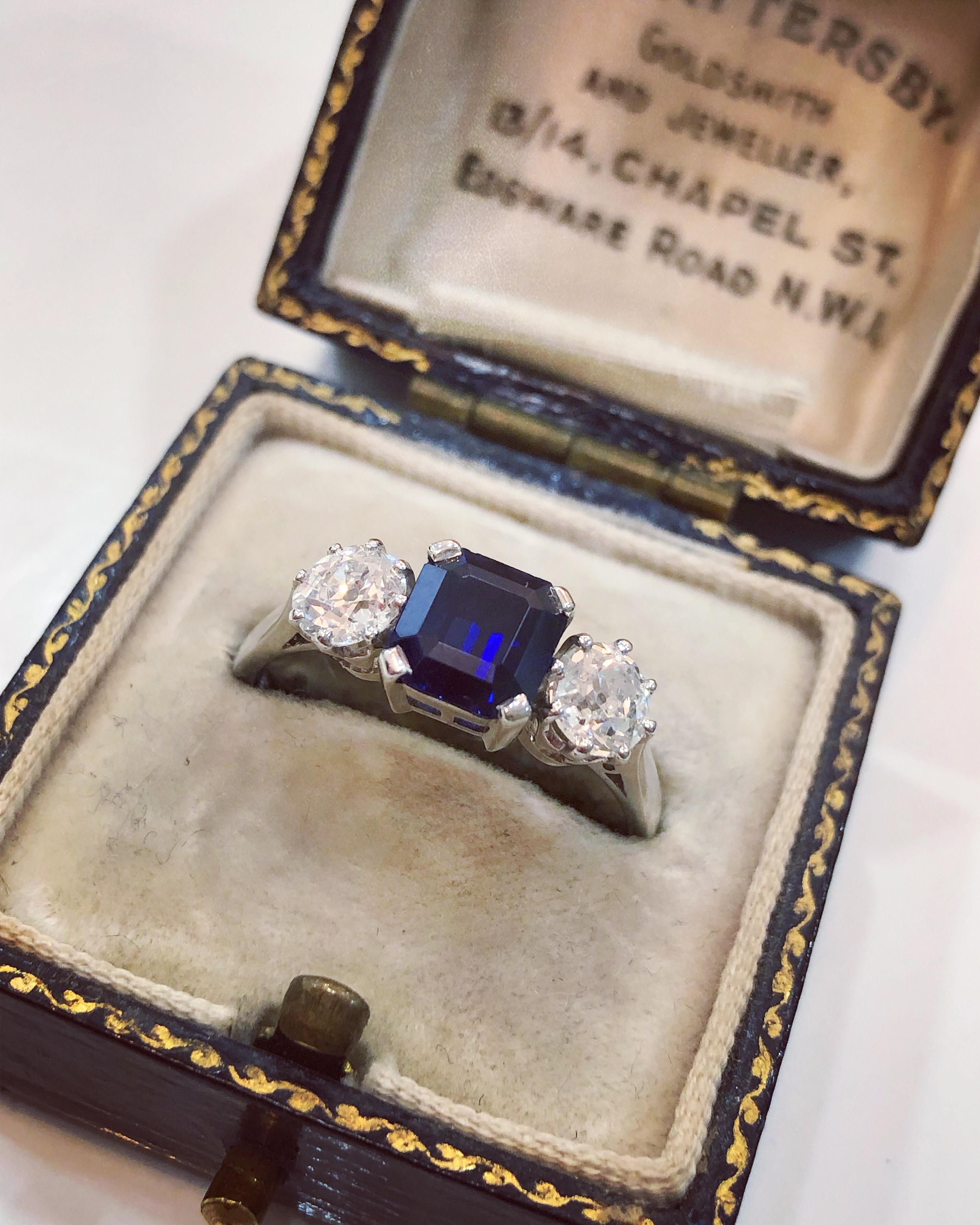 Art Deco Sapphire and Diamond Three-Stone Ring, circa 1920s 1