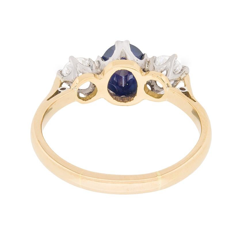 Women's or Men's Art Deco Sapphire and Diamond Three-Stone Ring, circa 1930s