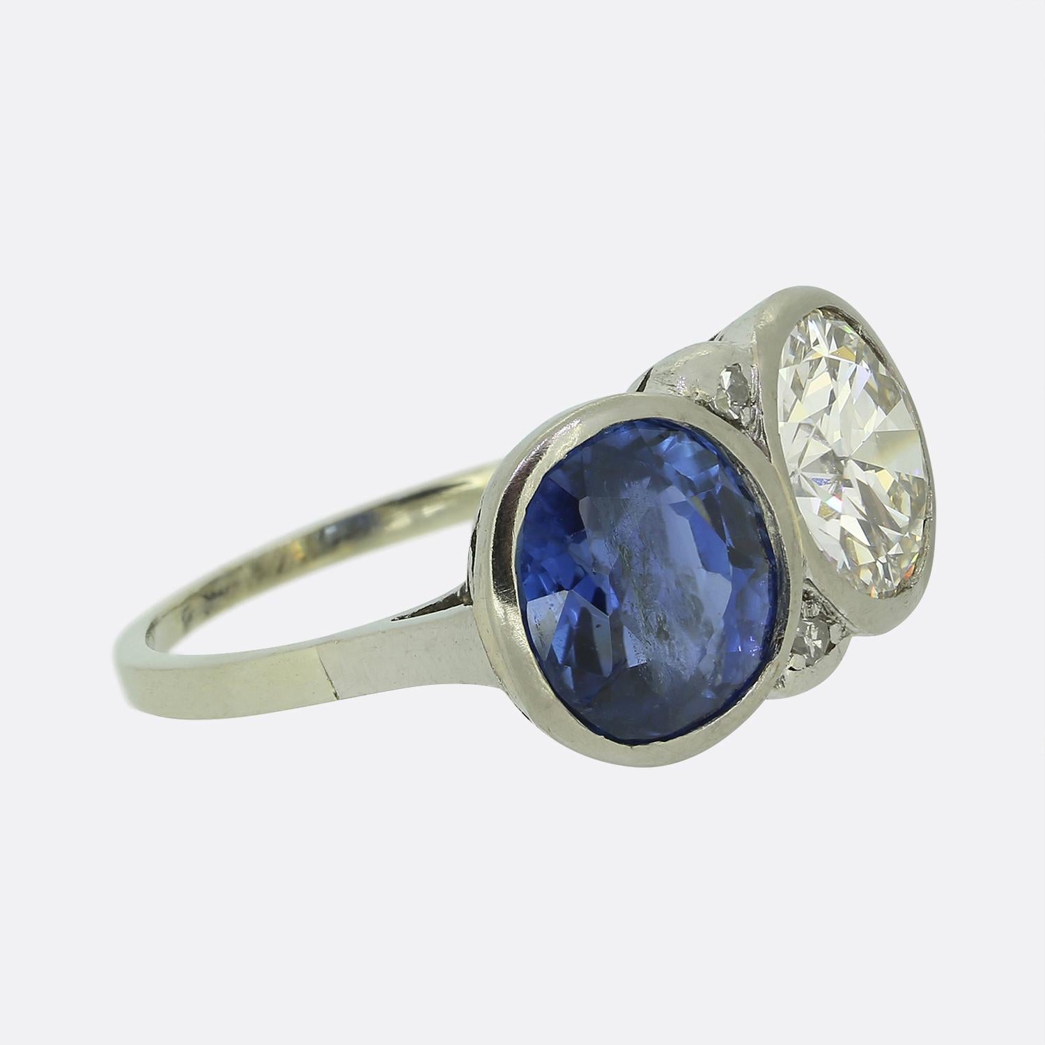 Round Cut Art Deco Sapphire and Diamond Two-Stone Ring