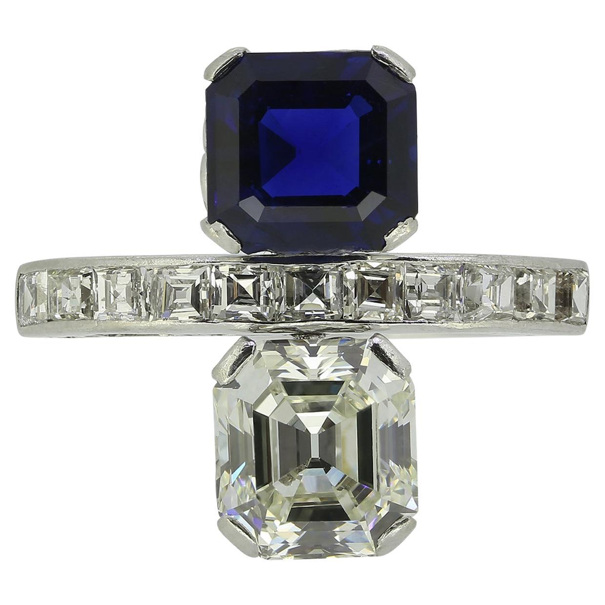Art Deco Sapphire and Diamond Two Stone Ring For Sale