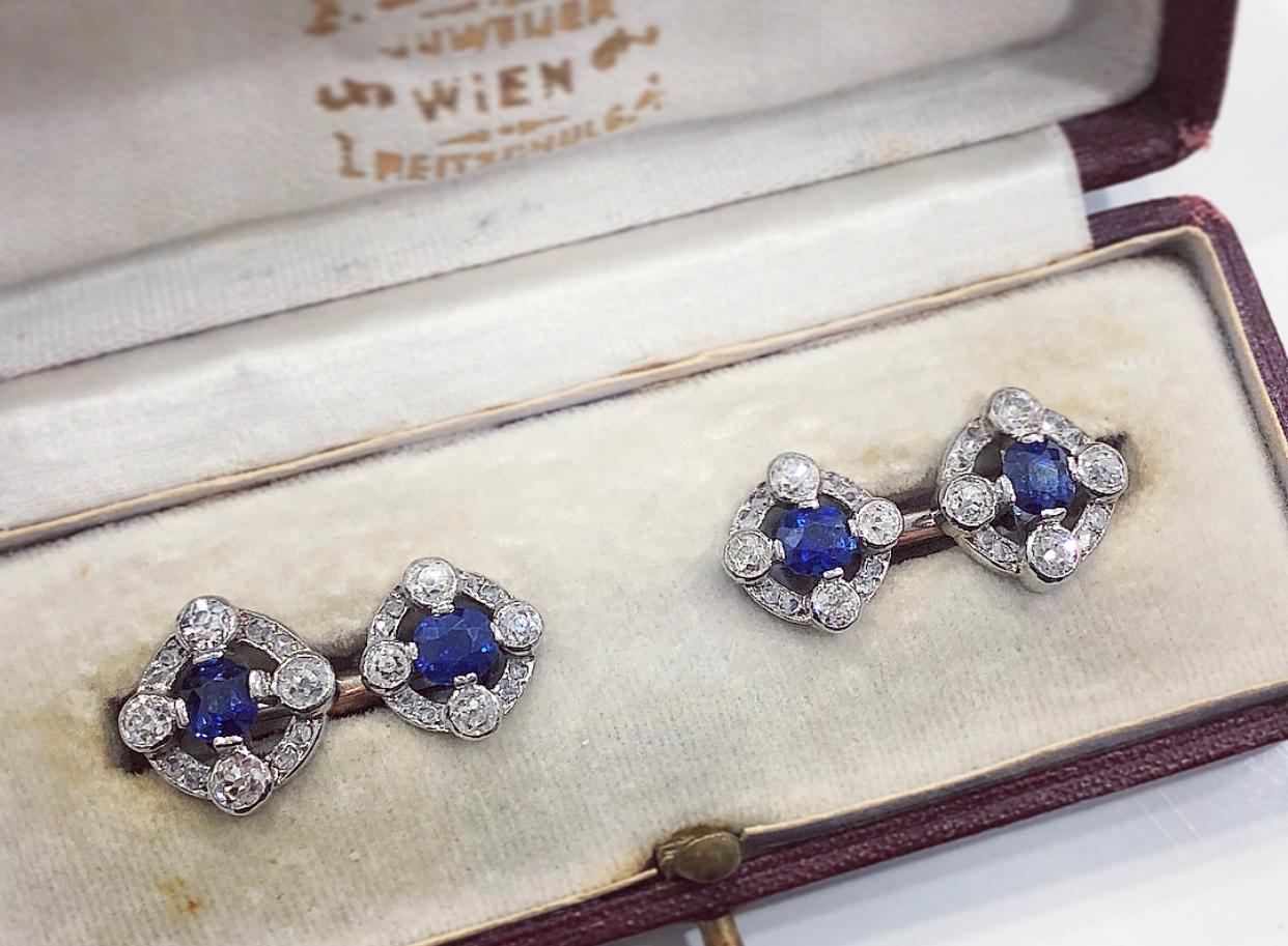Women's or Men's Art Deco Sapphire and Diamond Two-Tone Cufflinks, circa 1920s For Sale