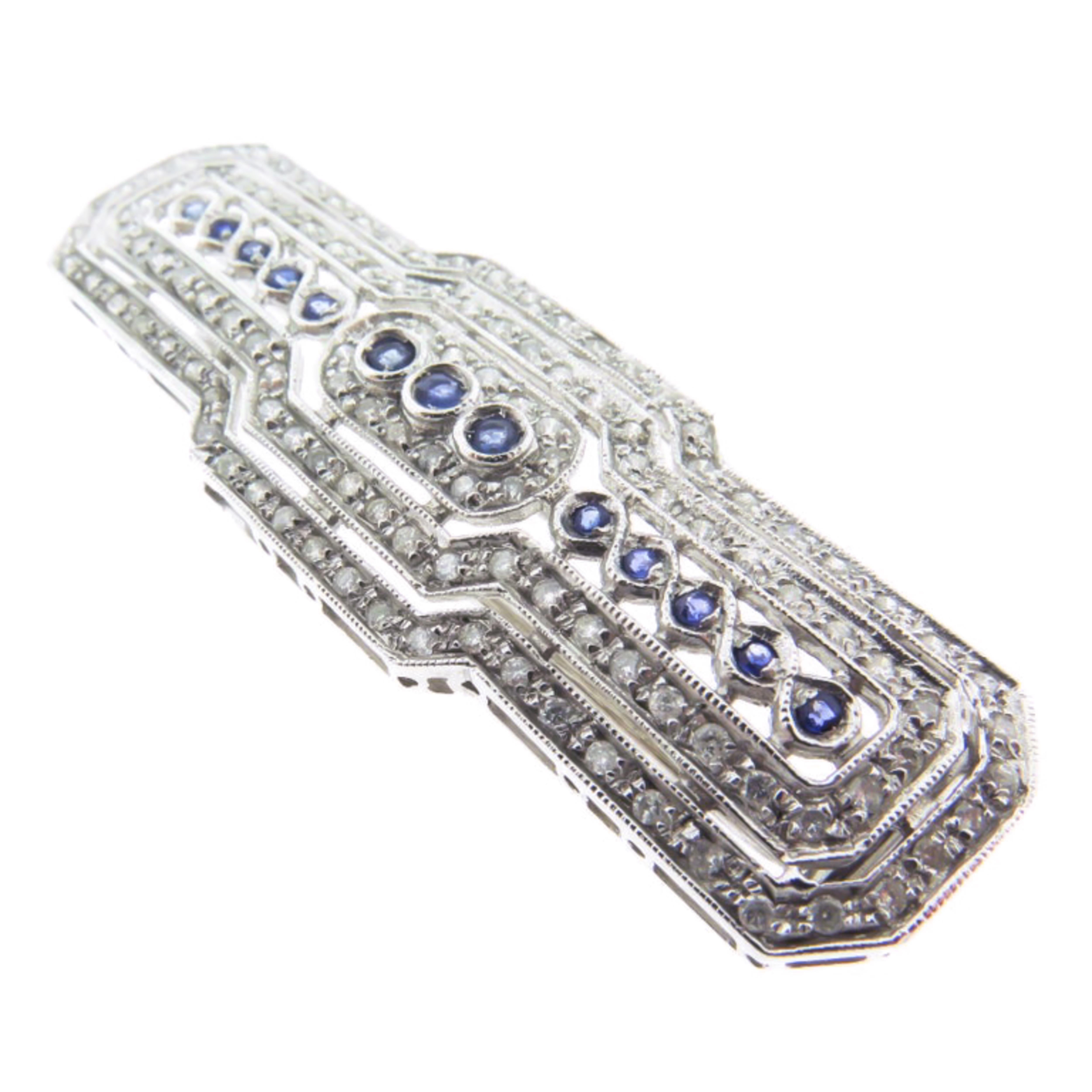 Art Deco Style Sapphire and Diamond White Gold Brooch