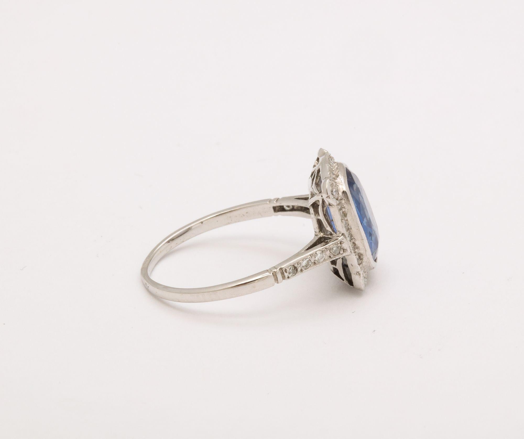 Art Deco Cushion Cut Natural  Sapphire and Diamond Ring In Good Condition For Sale In New York, NY