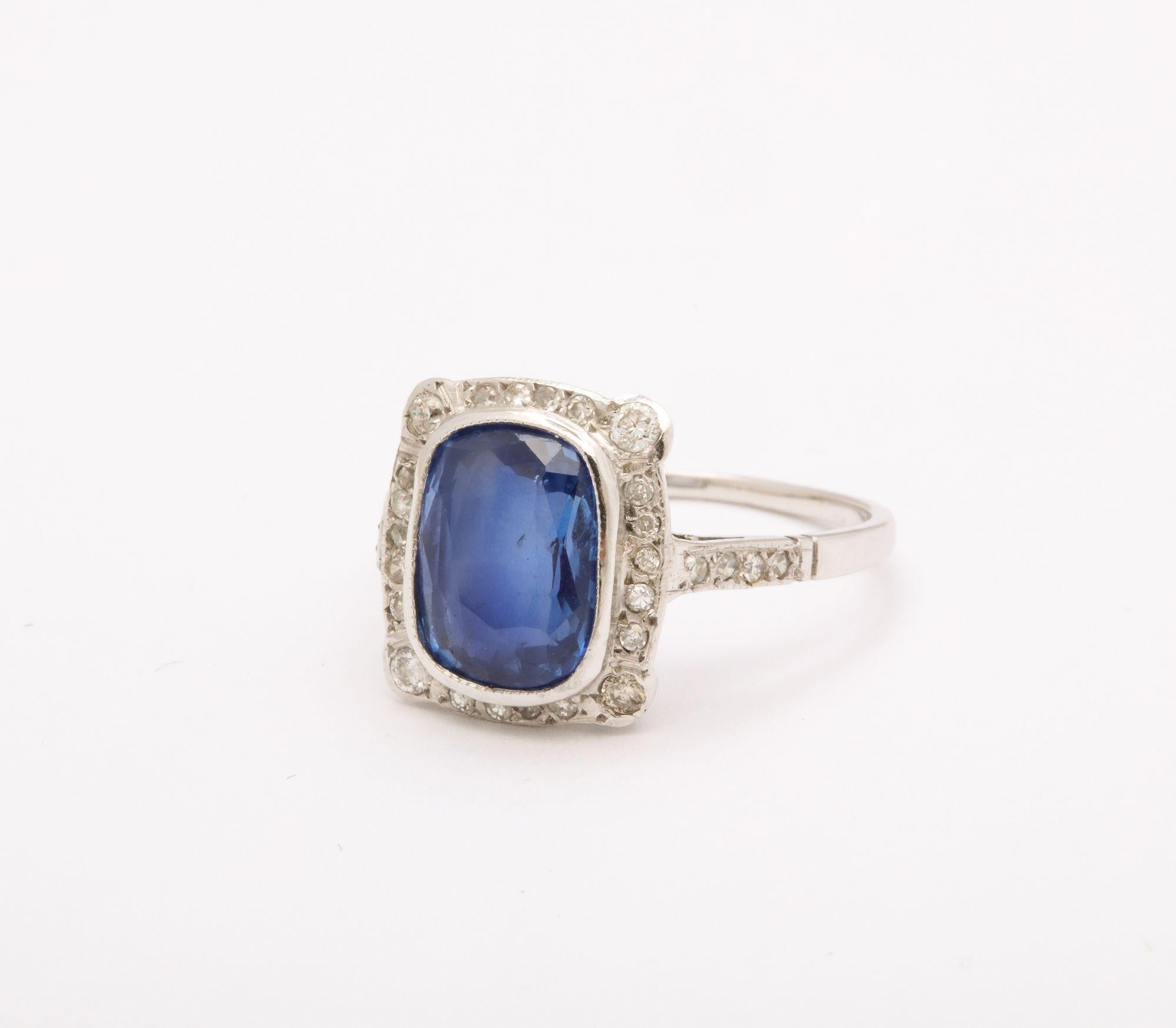 Art Deco Cushion Cut Natural  Sapphire and Diamond Ring For Sale 1