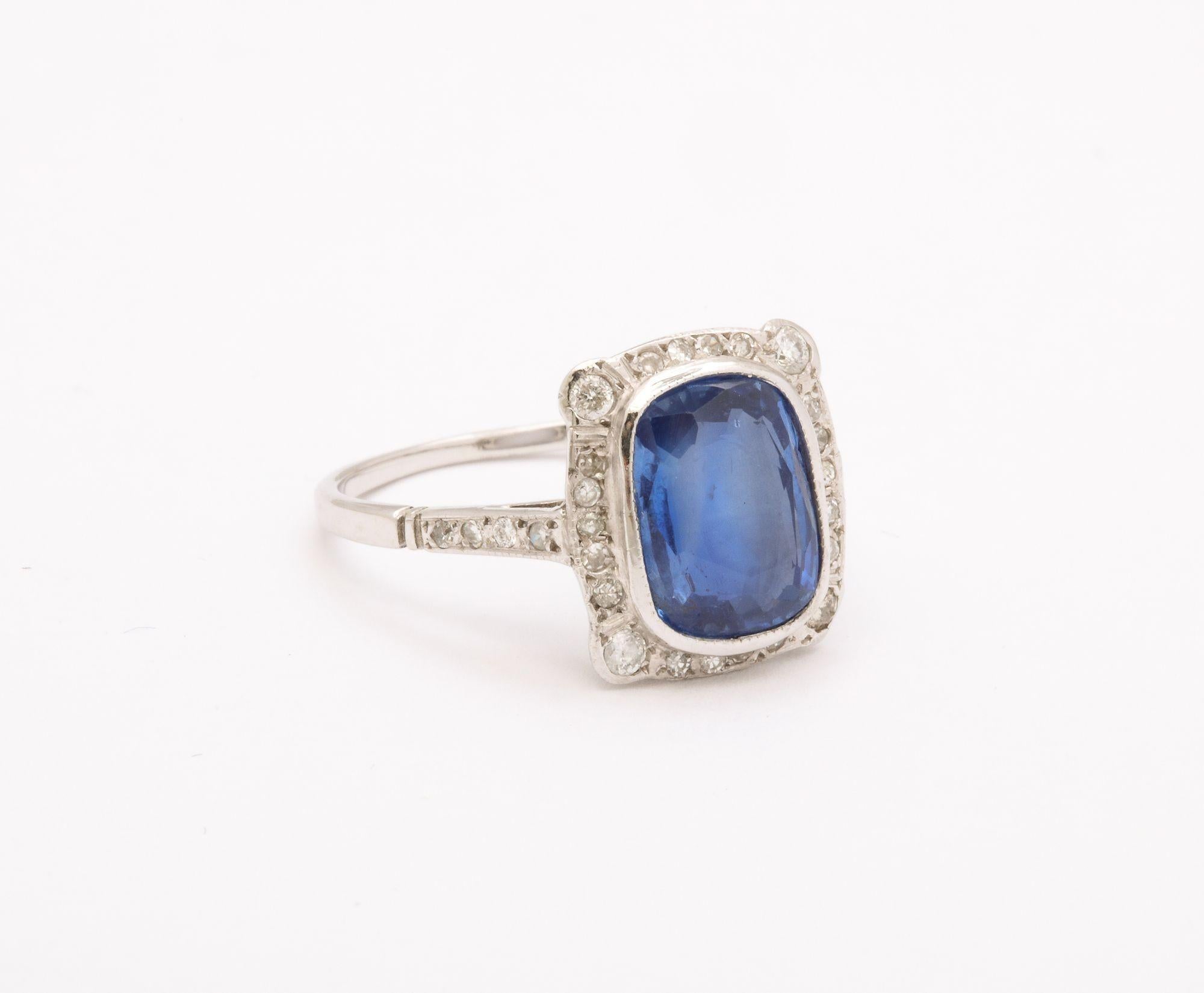 Art Deco Cushion Cut Natural  Sapphire and Diamond Ring For Sale 3