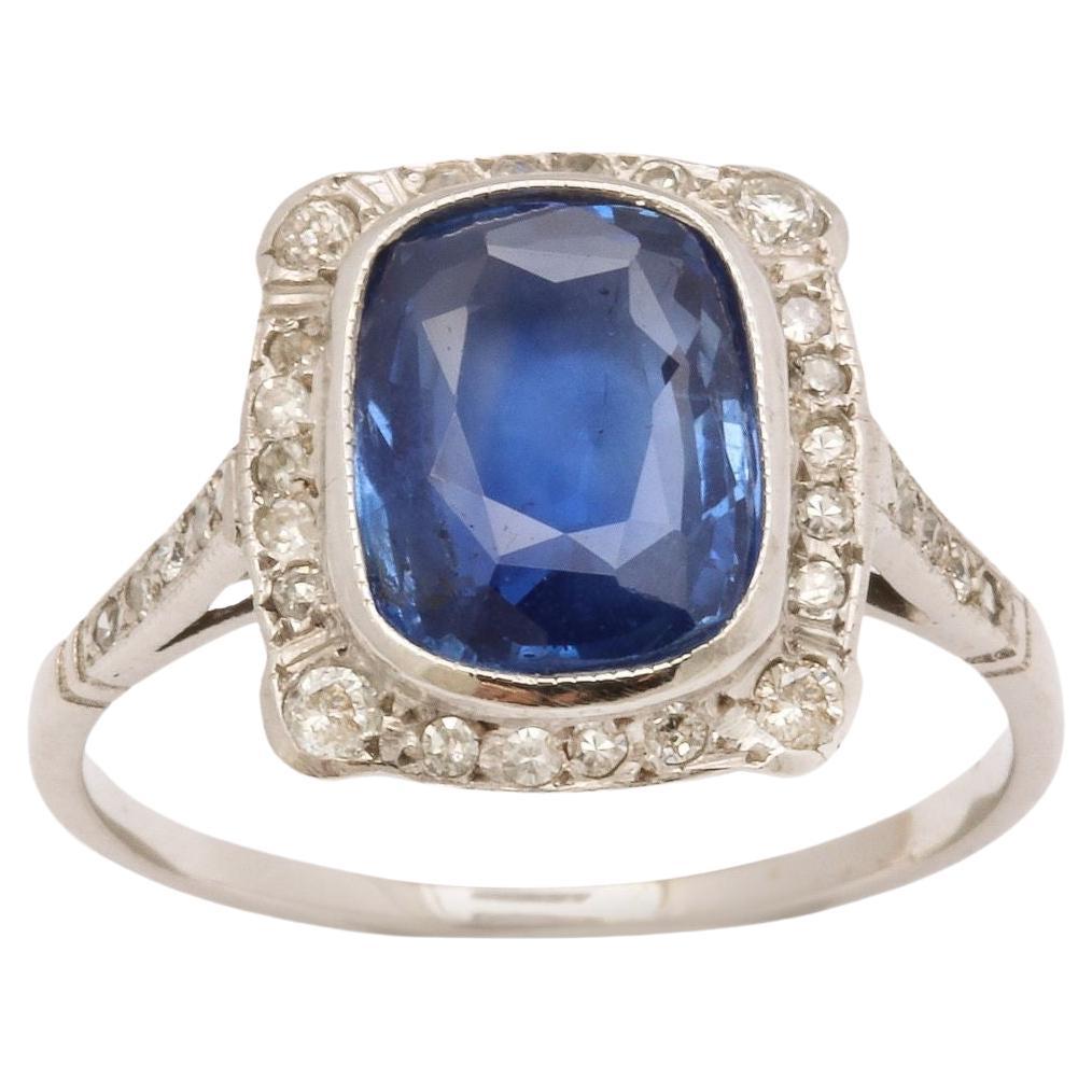 Art Deco Cushion Cut Natural  Sapphire and Diamond Ring For Sale
