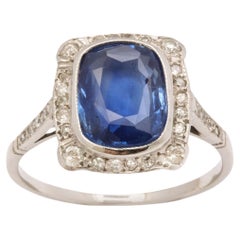 Art Deco Cushion Cut Natural  Bague en saphir et diamants