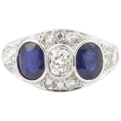 Art Deco Sapphire and Diamonds 18 Karat White Gold Three-Stones Ring