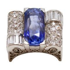Antique Art Deco Sapphire and Diamonds Signet Ring