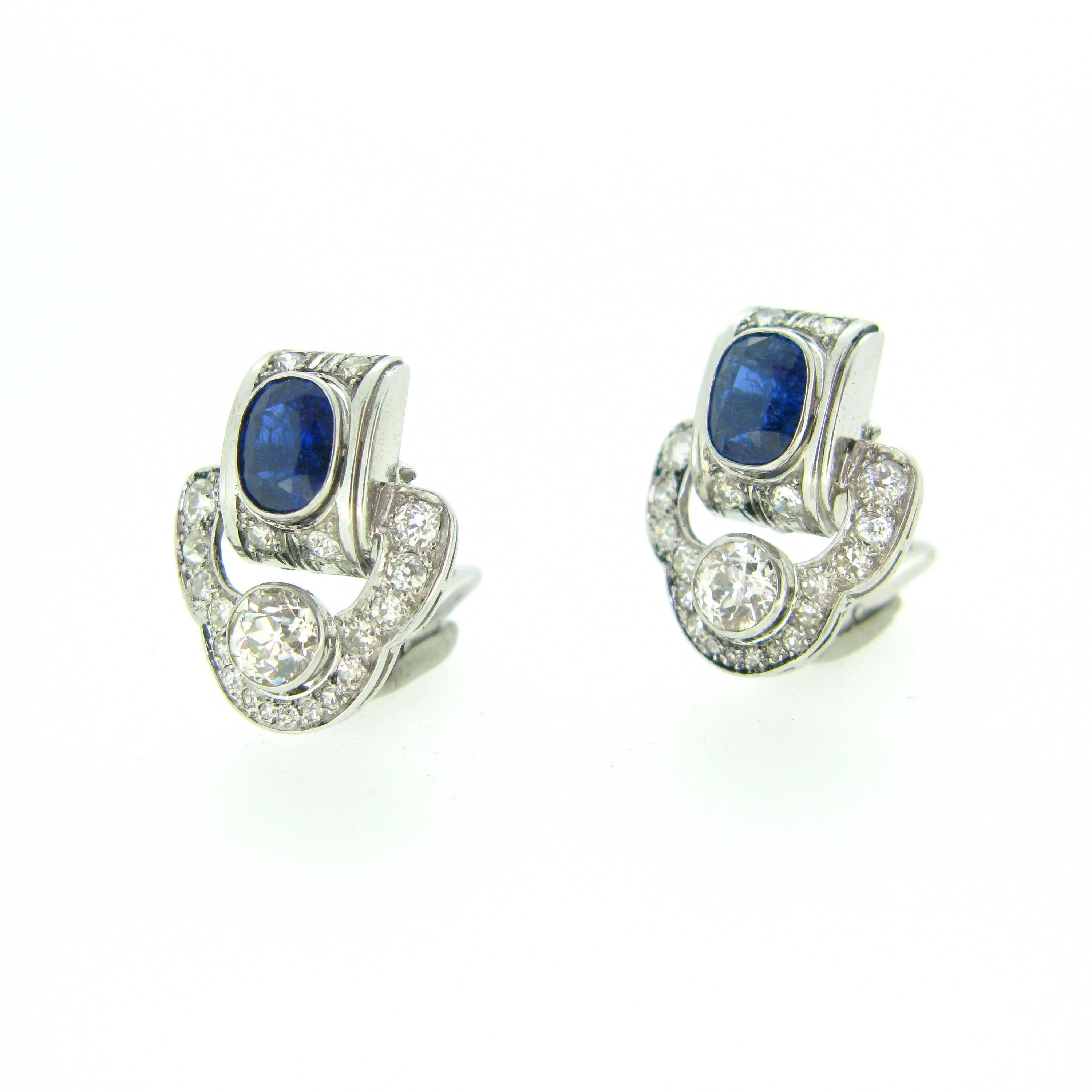 Art Deco Sapphire and Diamonds White Gold and Platinum Earrings 3