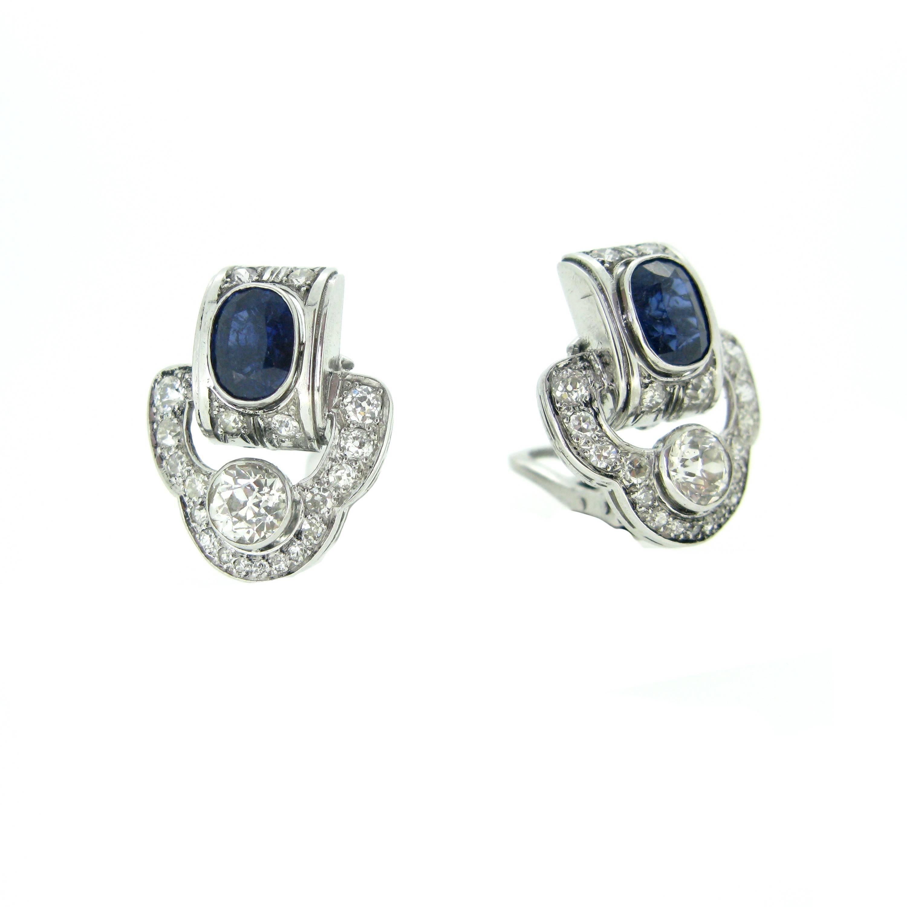 Art Deco Sapphire and Diamonds White Gold and Platinum Earrings 4