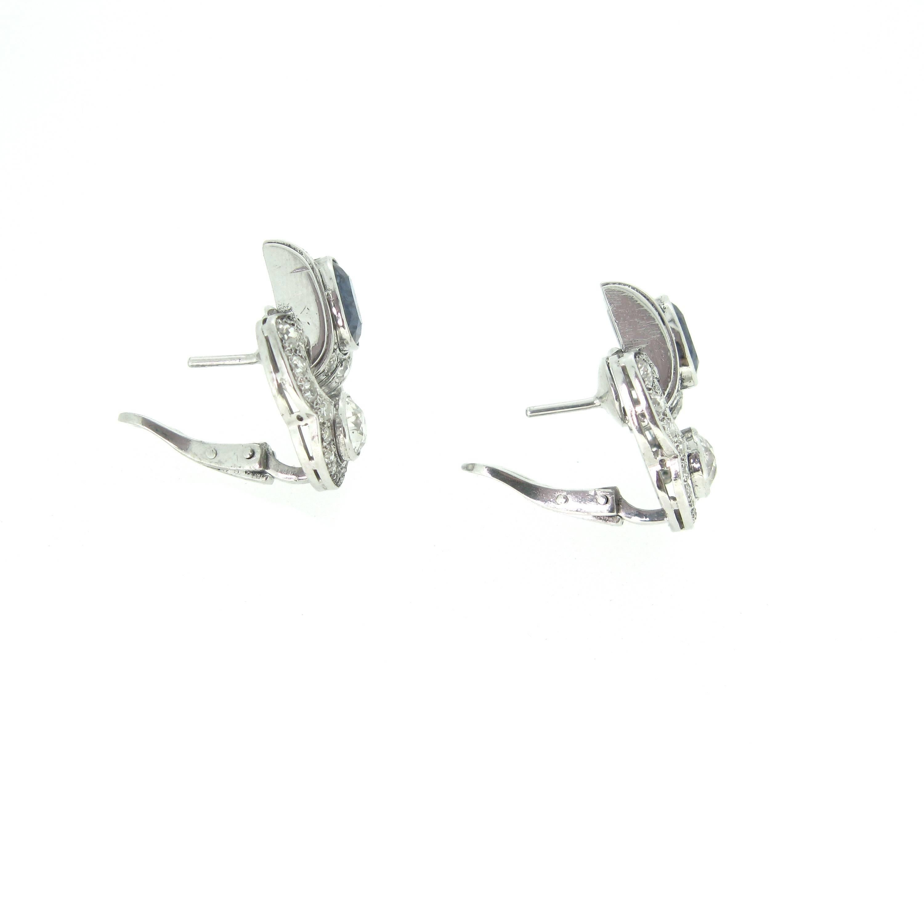 Art Deco Sapphire and Diamonds White Gold and Platinum Earrings 5