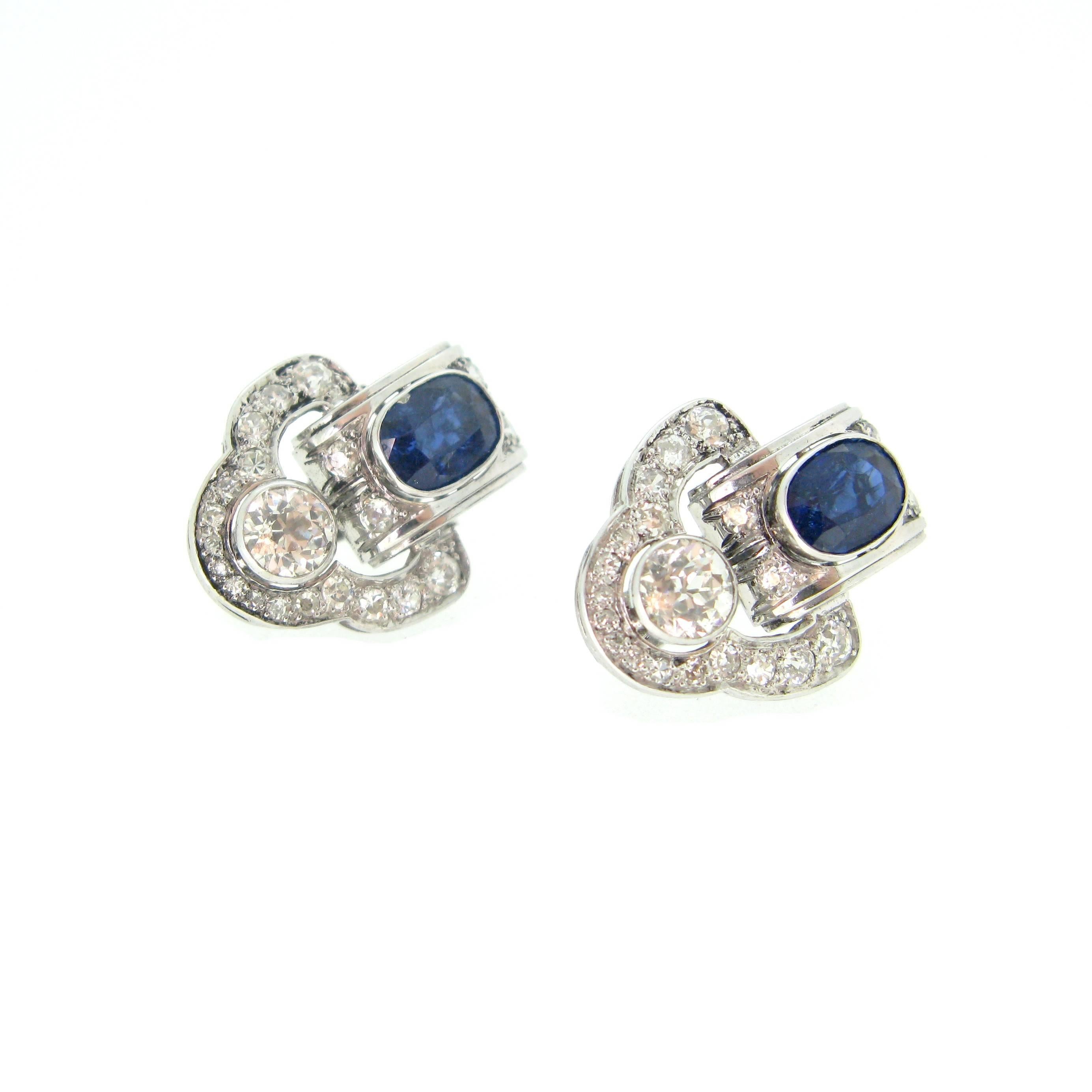 Art Deco Sapphire and Diamonds White Gold and Platinum Earrings 7