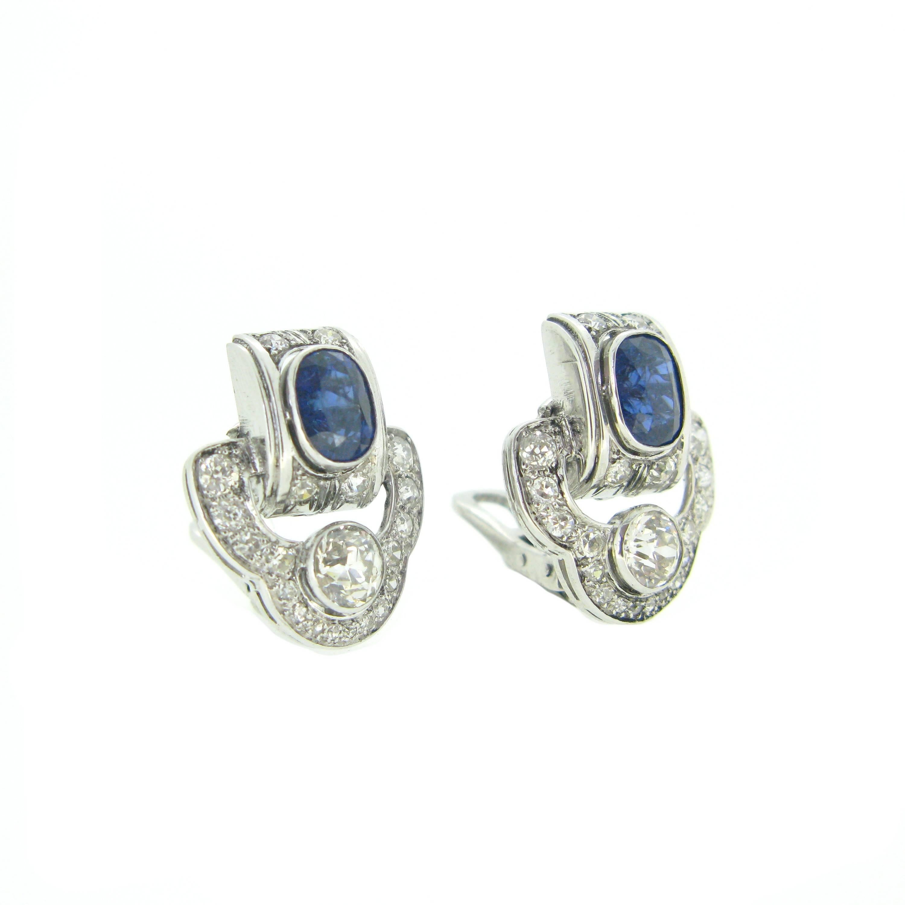 Oval Cut Art Deco Sapphire and Diamonds White Gold and Platinum Earrings