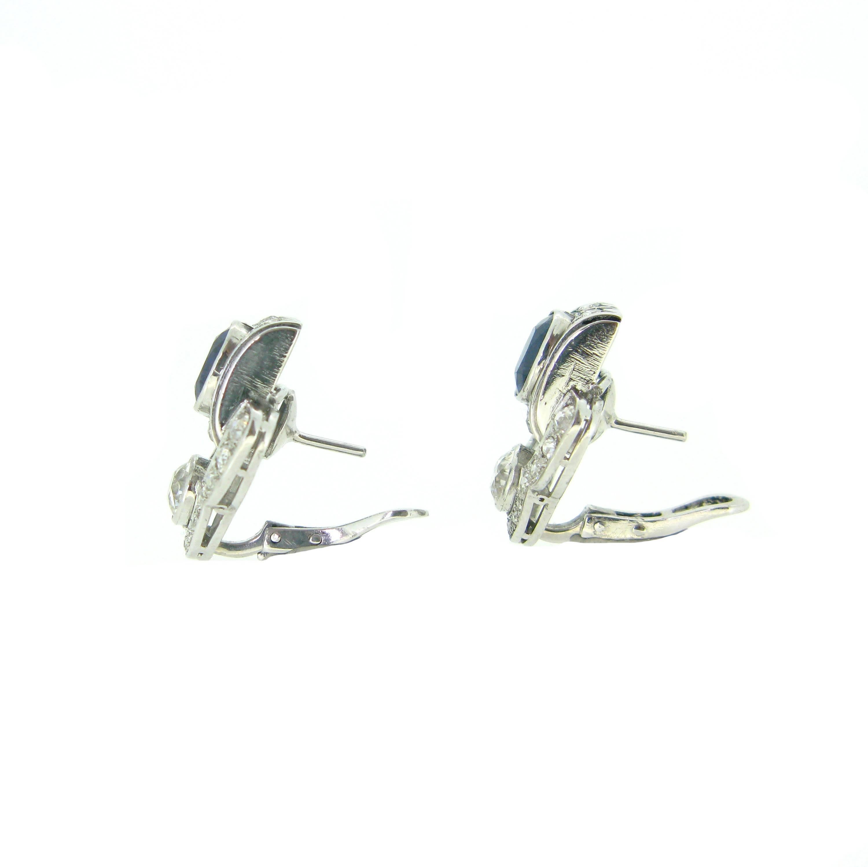 Art Deco Sapphire and Diamonds White Gold and Platinum Earrings 2