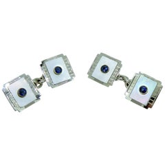 Art Deco Sapphire and Mother of Pearl Cufflinks, White Gold, circa 1920s