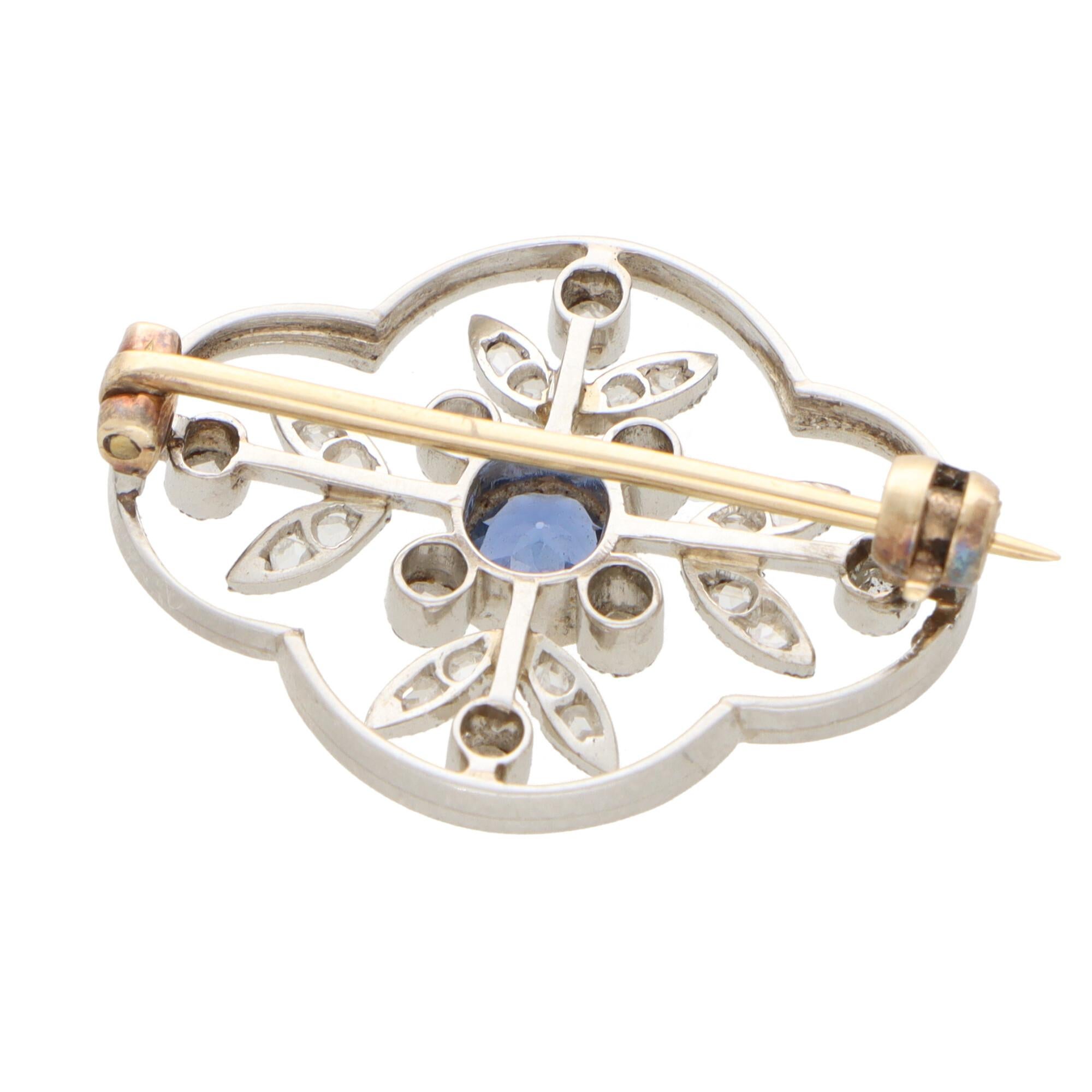 Rose Cut Art Deco Sapphire and Old Cut Diamond Floral Pin Brooch in Platinum and Gold