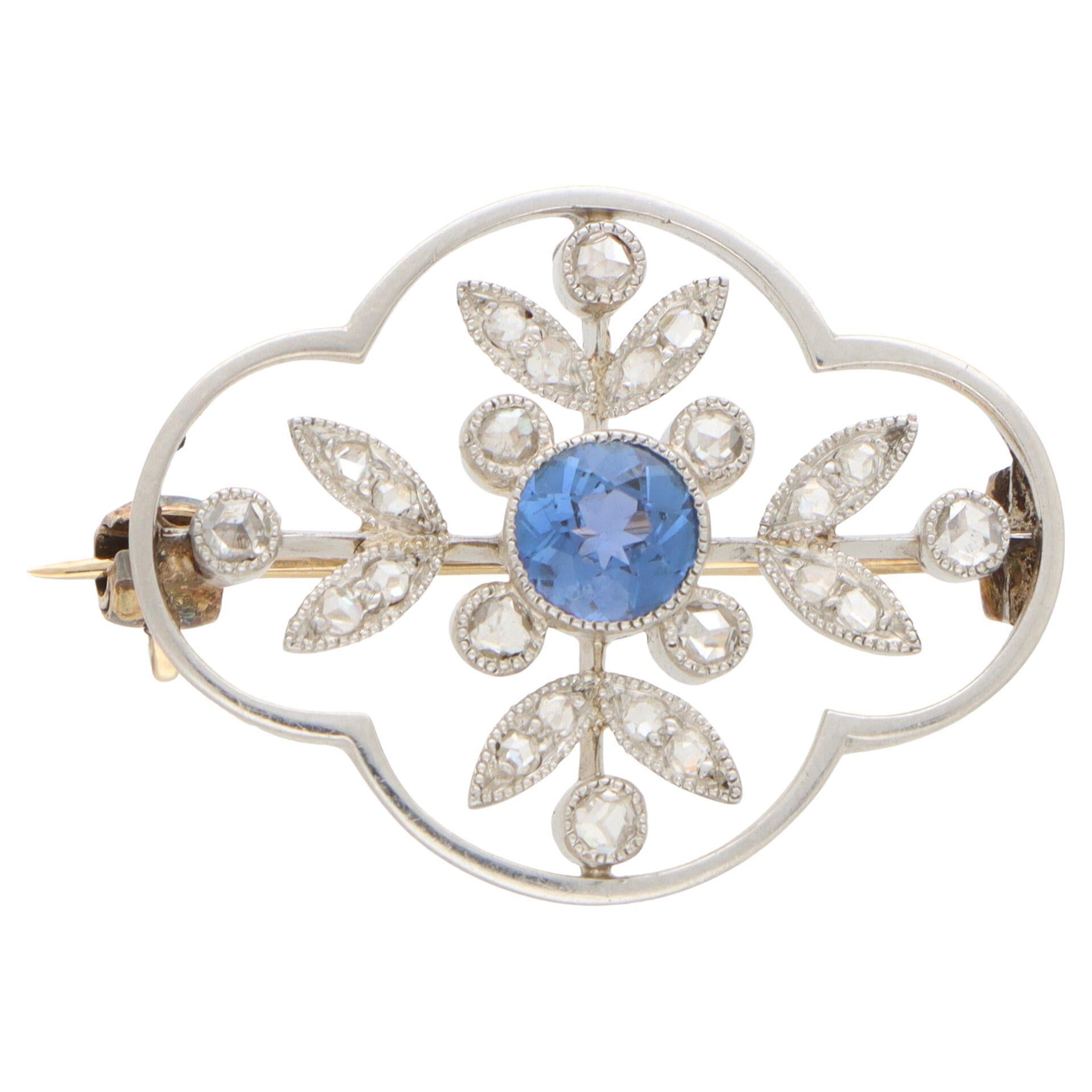 Art Deco Sapphire and Old Cut Diamond Floral Pin Brooch in Platinum and Gold