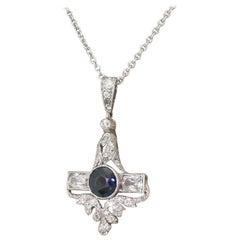 Antique Art Deco Sapphire and Old Cut Diamond Platinum Pendant
