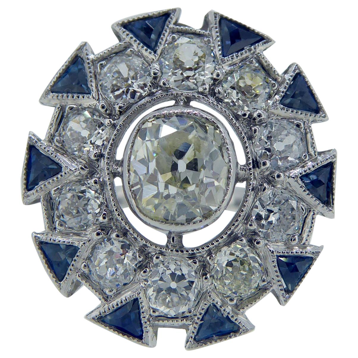 Art Deco Sapphire and Old European Cut Diamond Cocktail Ring, Platinum
