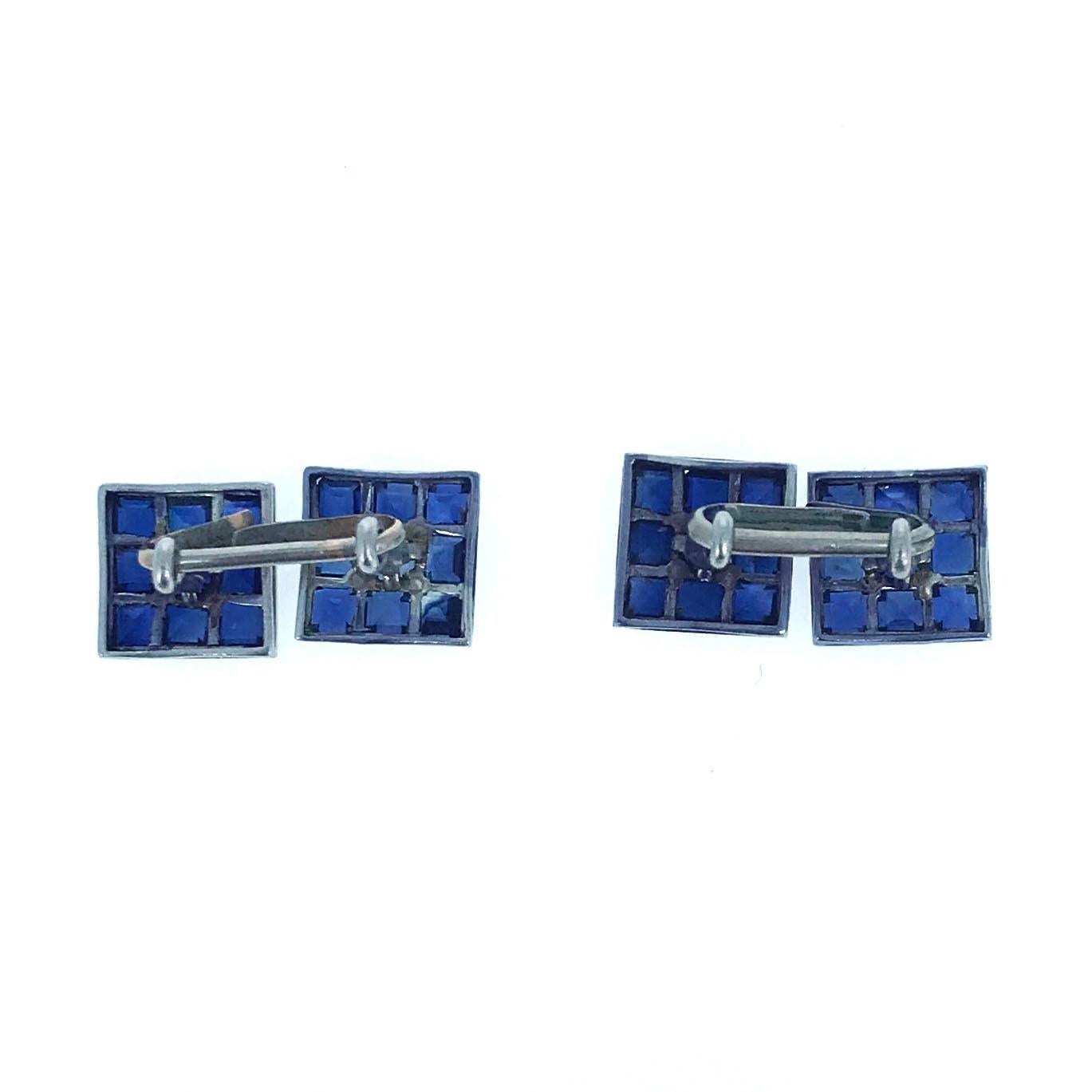 This pair of Art Deco cufflinks features 36 square-cut blue sapphires mounted in platinum. They were made circa 1925 and will add a refined look to any dress shirt.