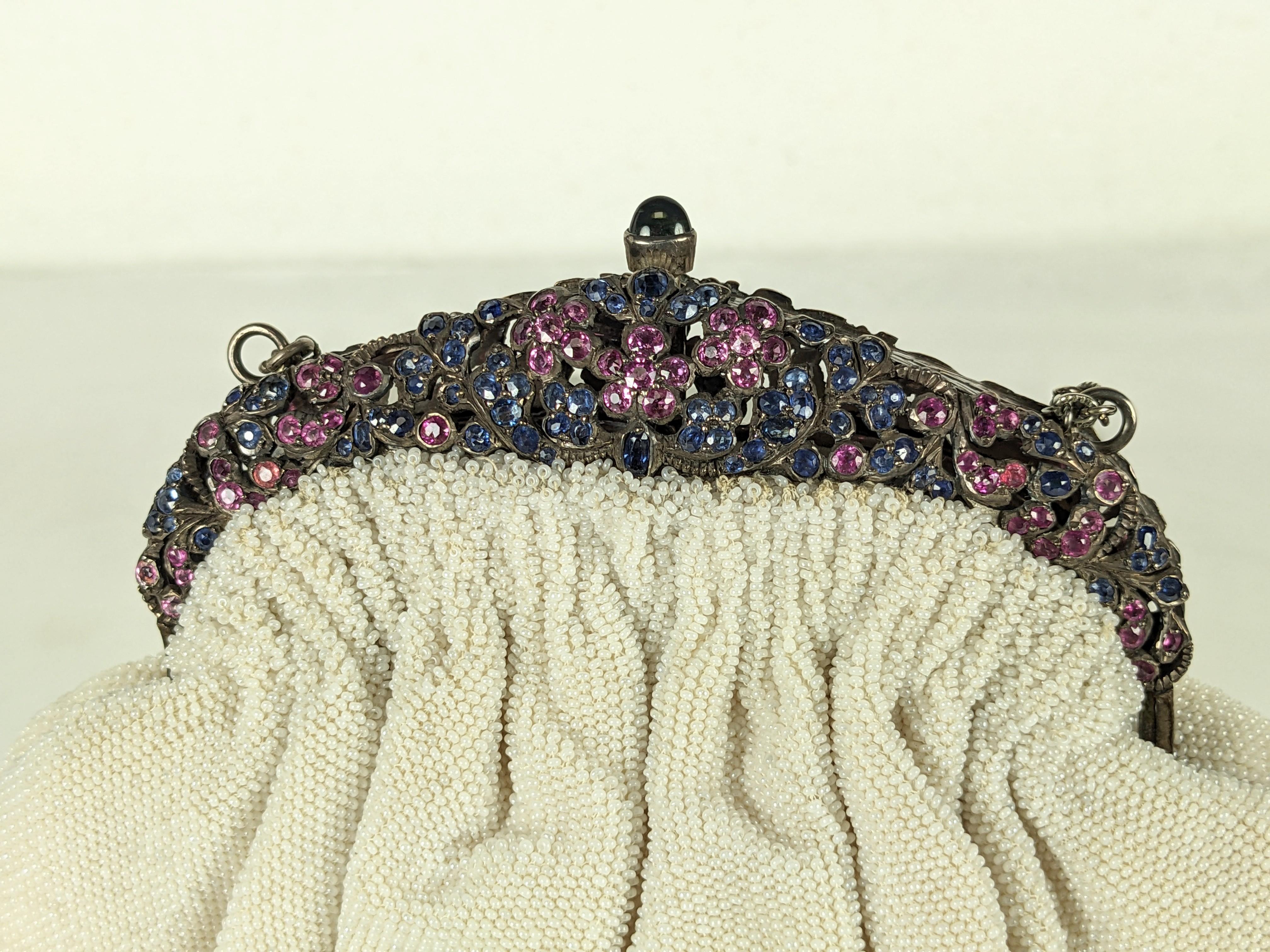 Beige Art Deco Sapphire and Ruby Set Micro Bead Bag For Sale