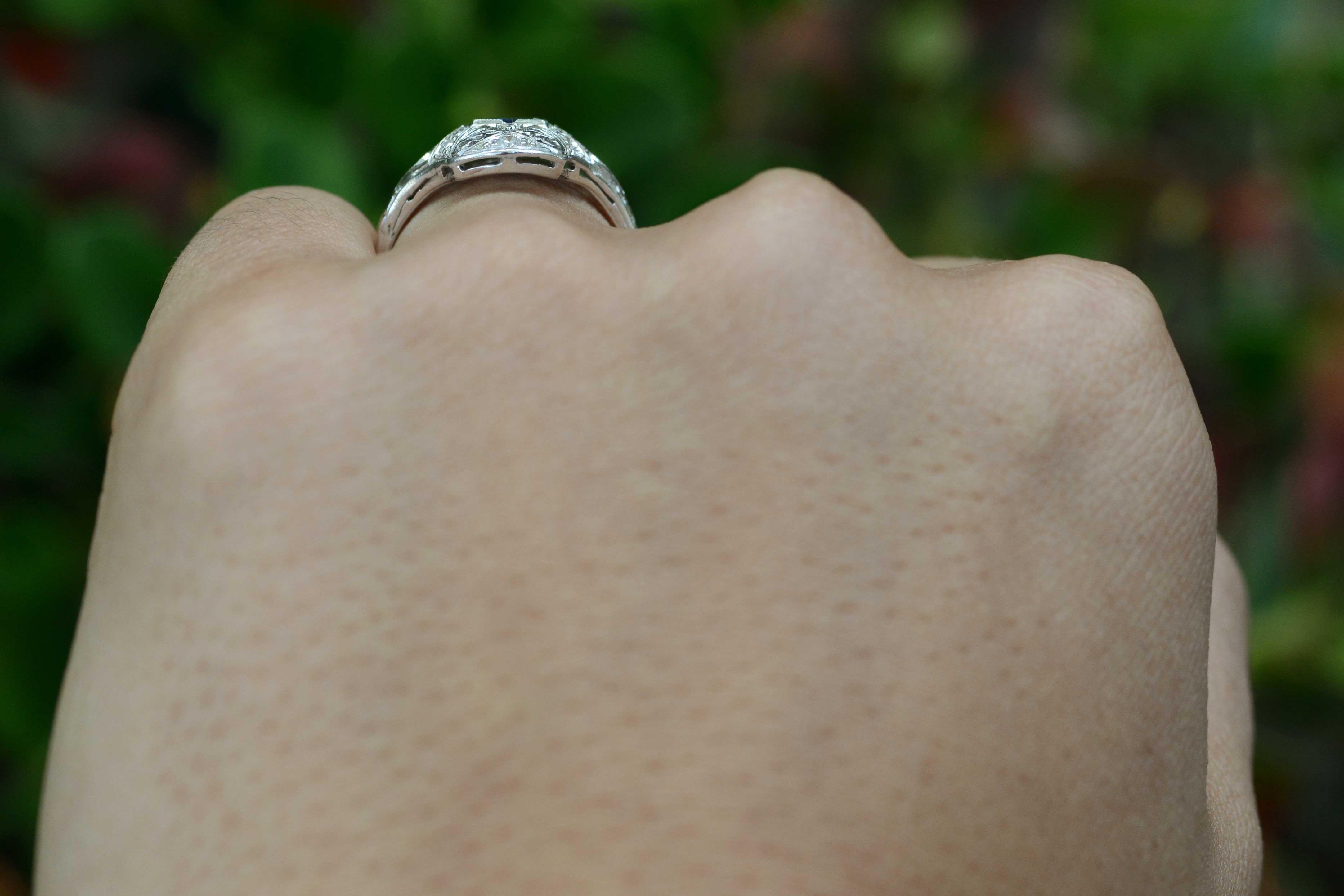 Round Cut Art Deco Sapphire Cocktail Engagement Ring Filigree Antique Edwardian Navette