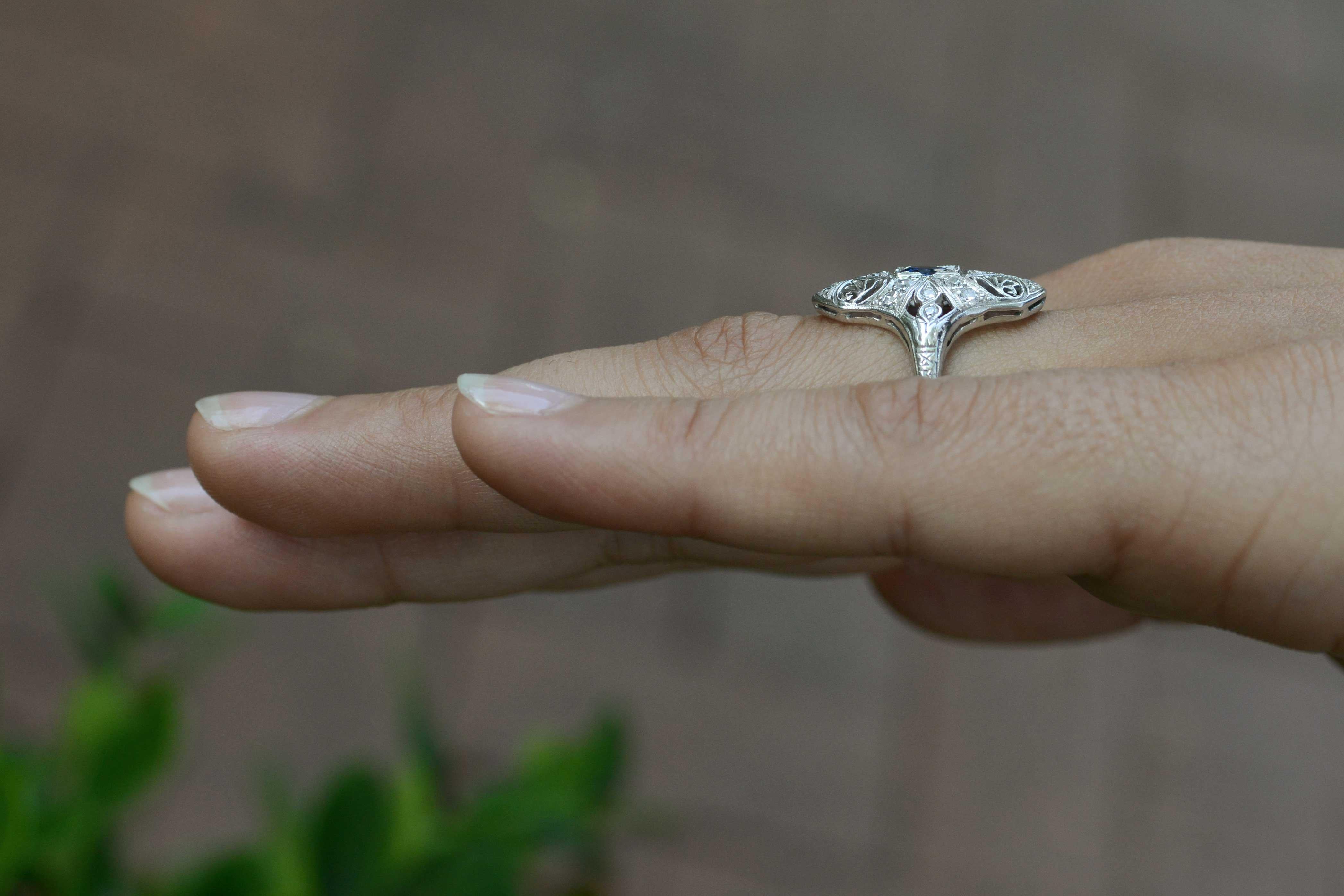 Art Deco Sapphire Cocktail Engagement Ring Filigree Antique Edwardian Navette In Good Condition In Santa Barbara, CA