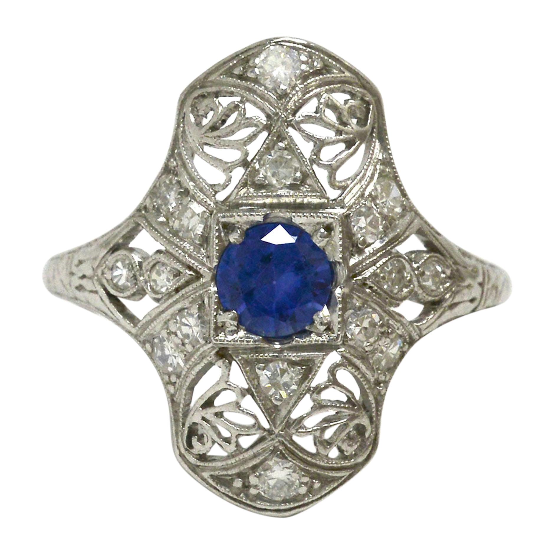 Art Deco Sapphire Cocktail Engagement Ring Filigree Antique Edwardian Navette