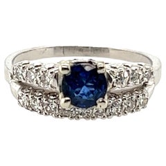 Art Deco Sapphire Diamond 1.10ct Antique Ring 14k White Gold Original, 1930s