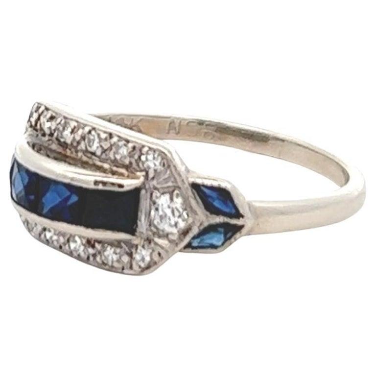 Women's or Men's Art Deco Sapphire Diamond 14 Karat White Gold Ring