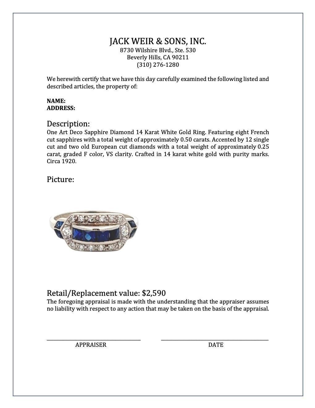 Art Deco Sapphire Diamond 14 Karat White Gold Ring 2