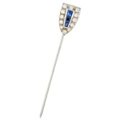 Art Deco Sapphire Diamond 14 Karat White Gold Shield Stickpin