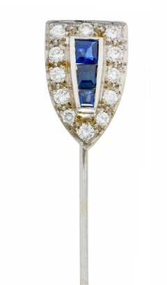 Art Deco Sapphire Diamond 14 Karat White Gold Shield Stickpin