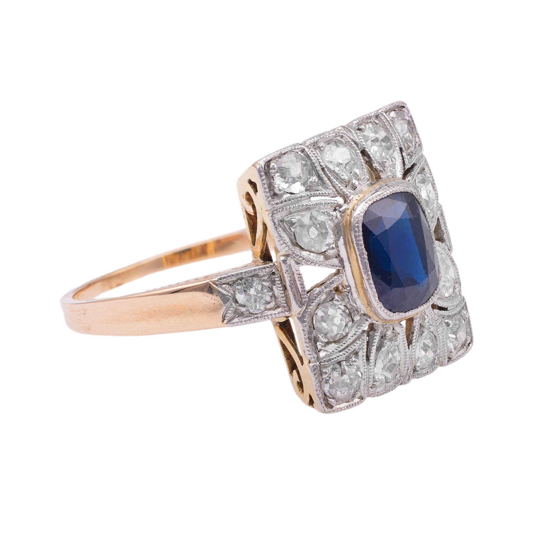 Women's or Men's Art Deco Sapphire Diamond 14k Gold Platinum Ring