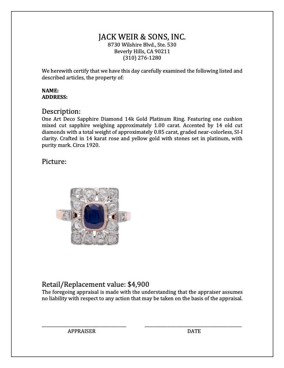 Art Deco Sapphire Diamond 14k Gold Platinum Ring 1