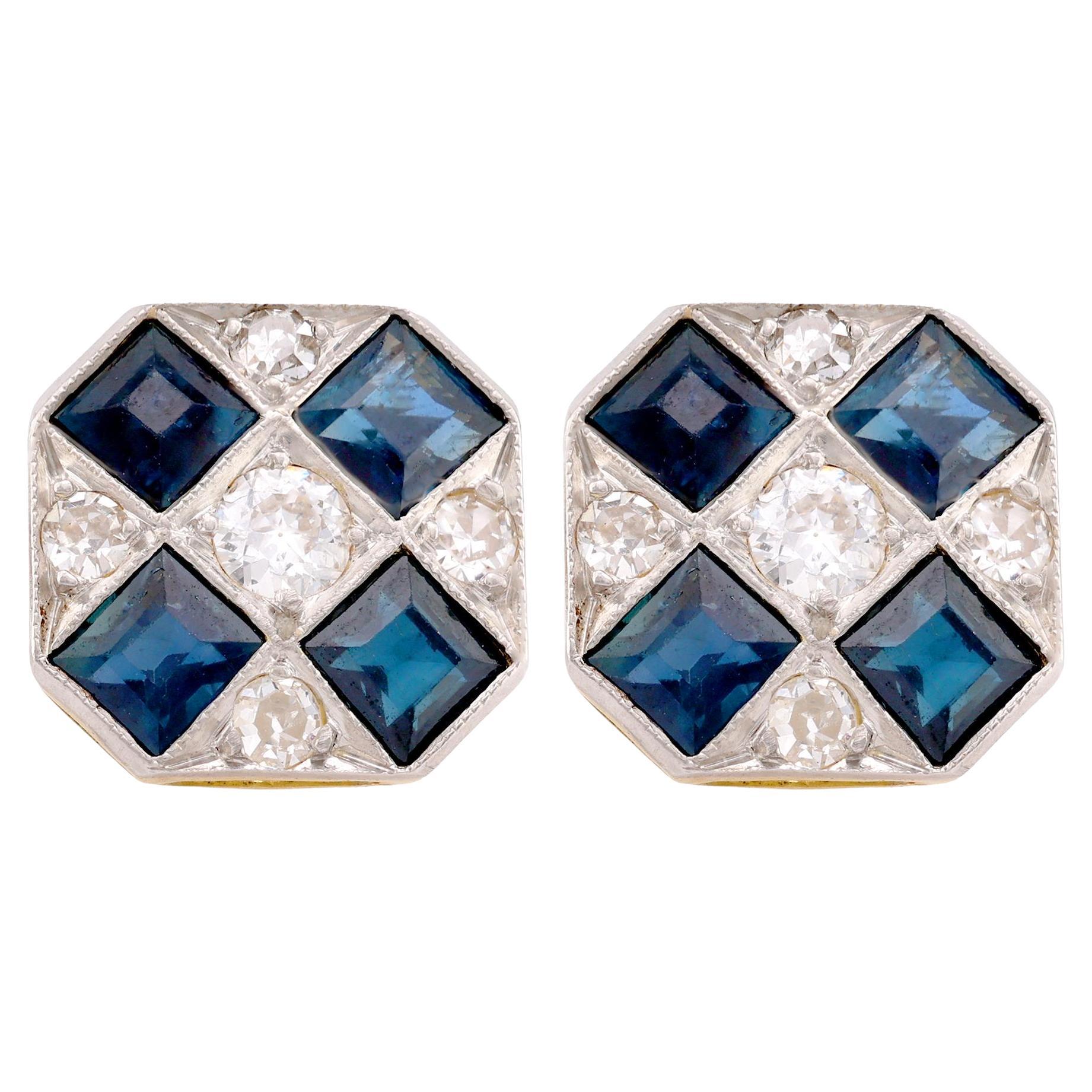Art Deco Inspired Diamond Sapphire Platinum Halo Studs For Sale at 1stDibs