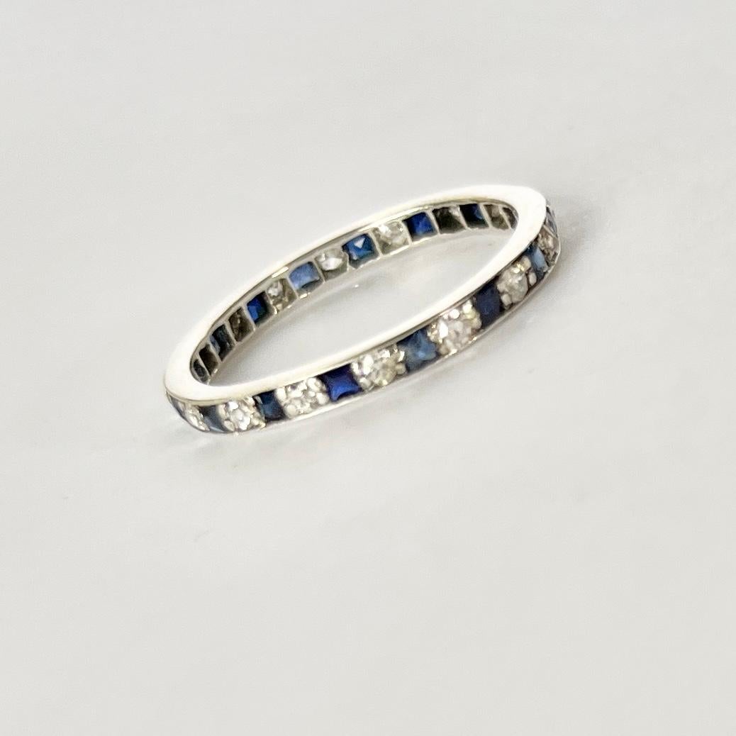 Women's or Men's Art Deco Sapphire Diamond 18 Carat White Gold Eternity Band For Sale