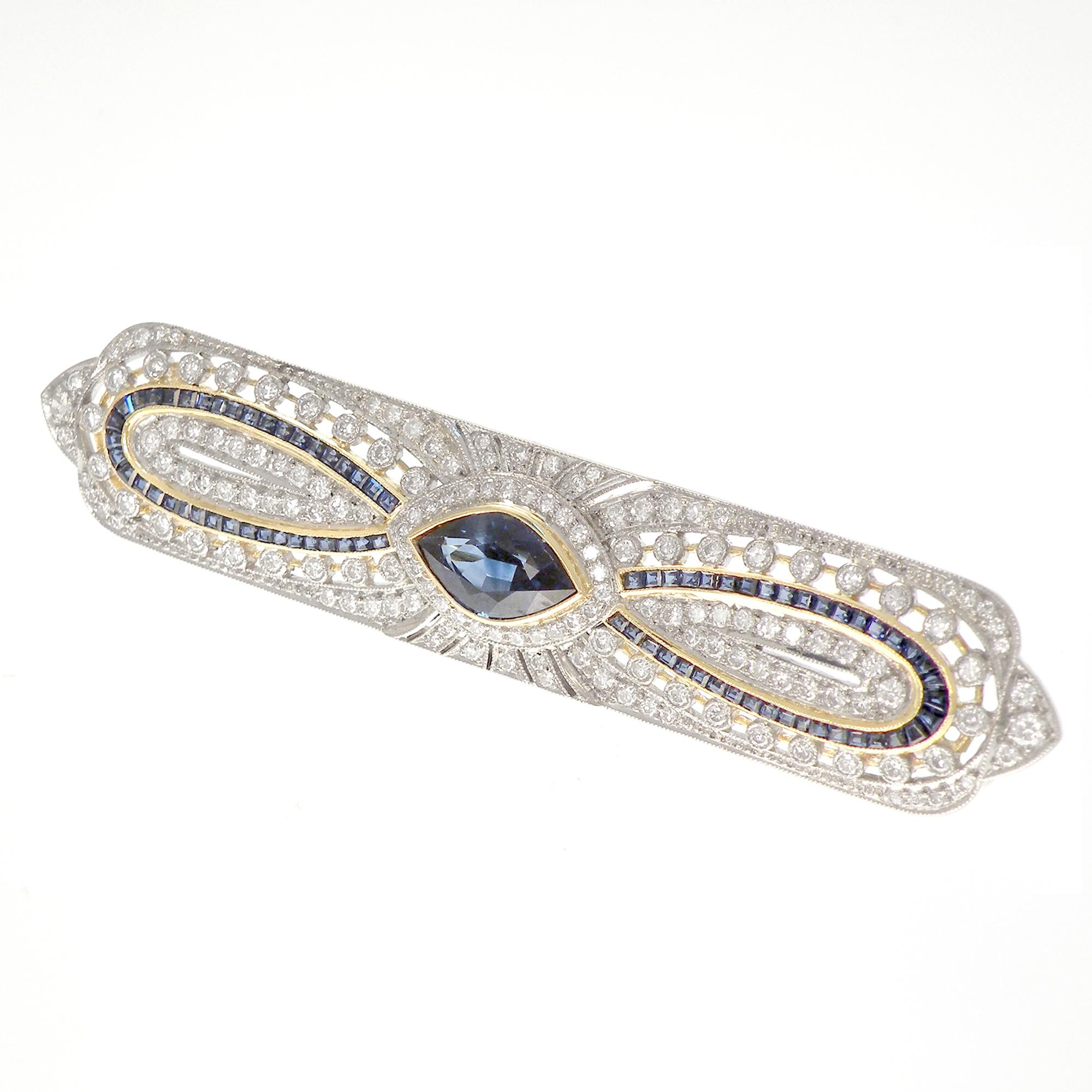 Women's or Men's Art Deco Sapphire Diamond 18 Karat Yellow White Gold Brooch For Sale