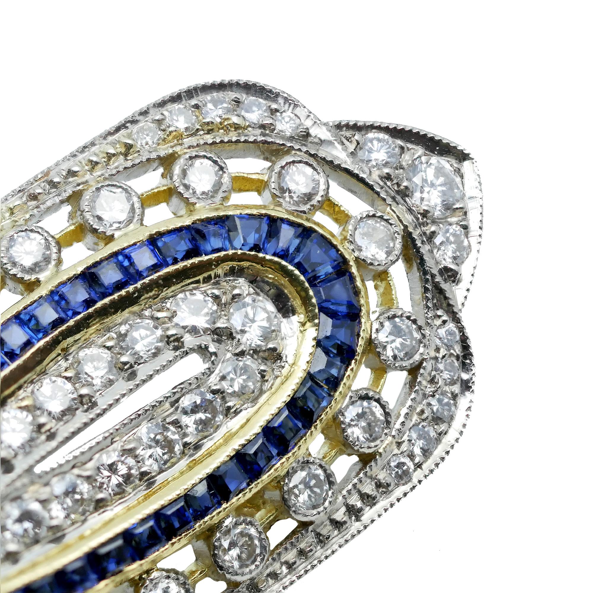Art Deco Sapphire Diamond 18 Karat Yellow White Gold Brooch For Sale 1