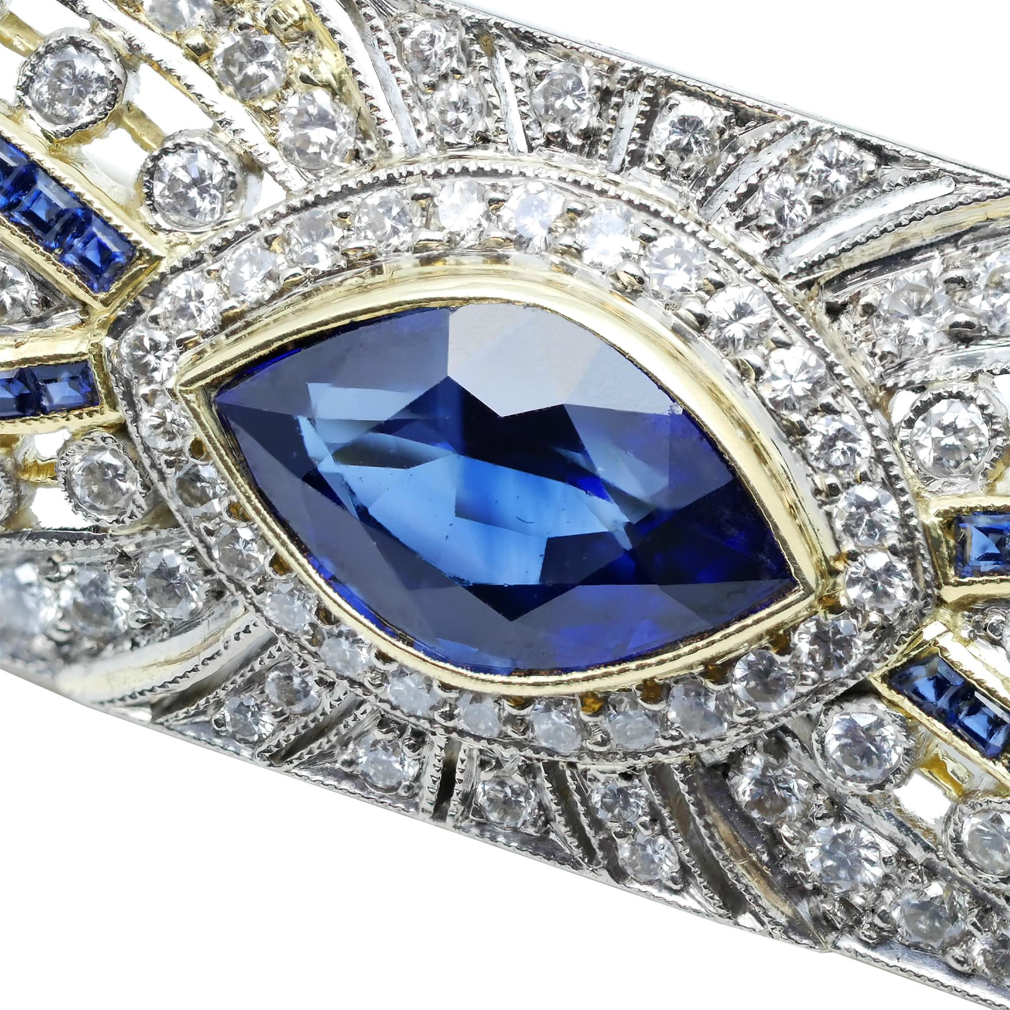 Art Deco Sapphire Diamond 18 Karat Yellow White Gold Brooch For Sale 2