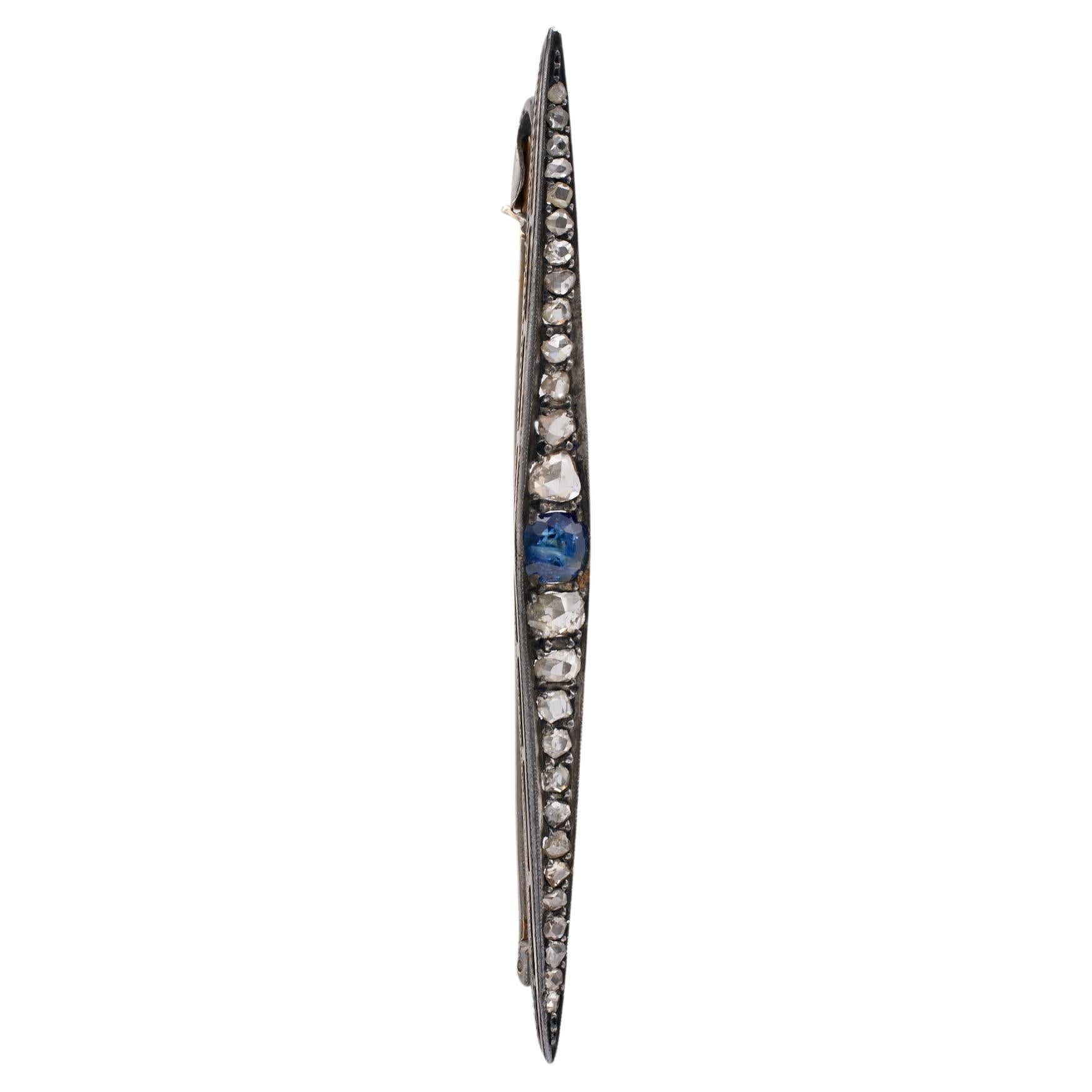 Art Deco Sapphire Diamond 18k White Gold Silver Bar Brooch For Sale