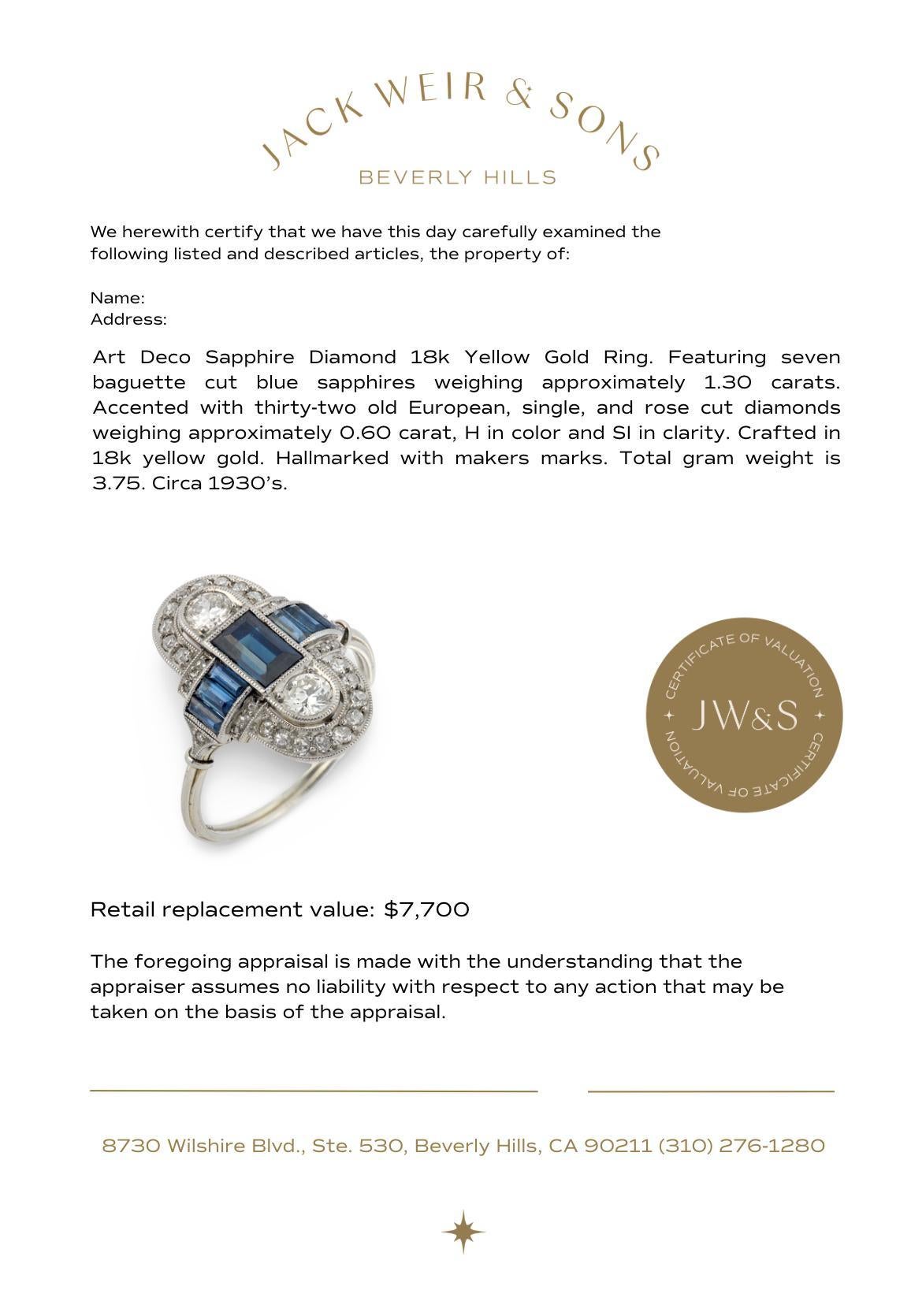 Anillo Art Déco zafiro diamante oro amarillo 18k en venta 1