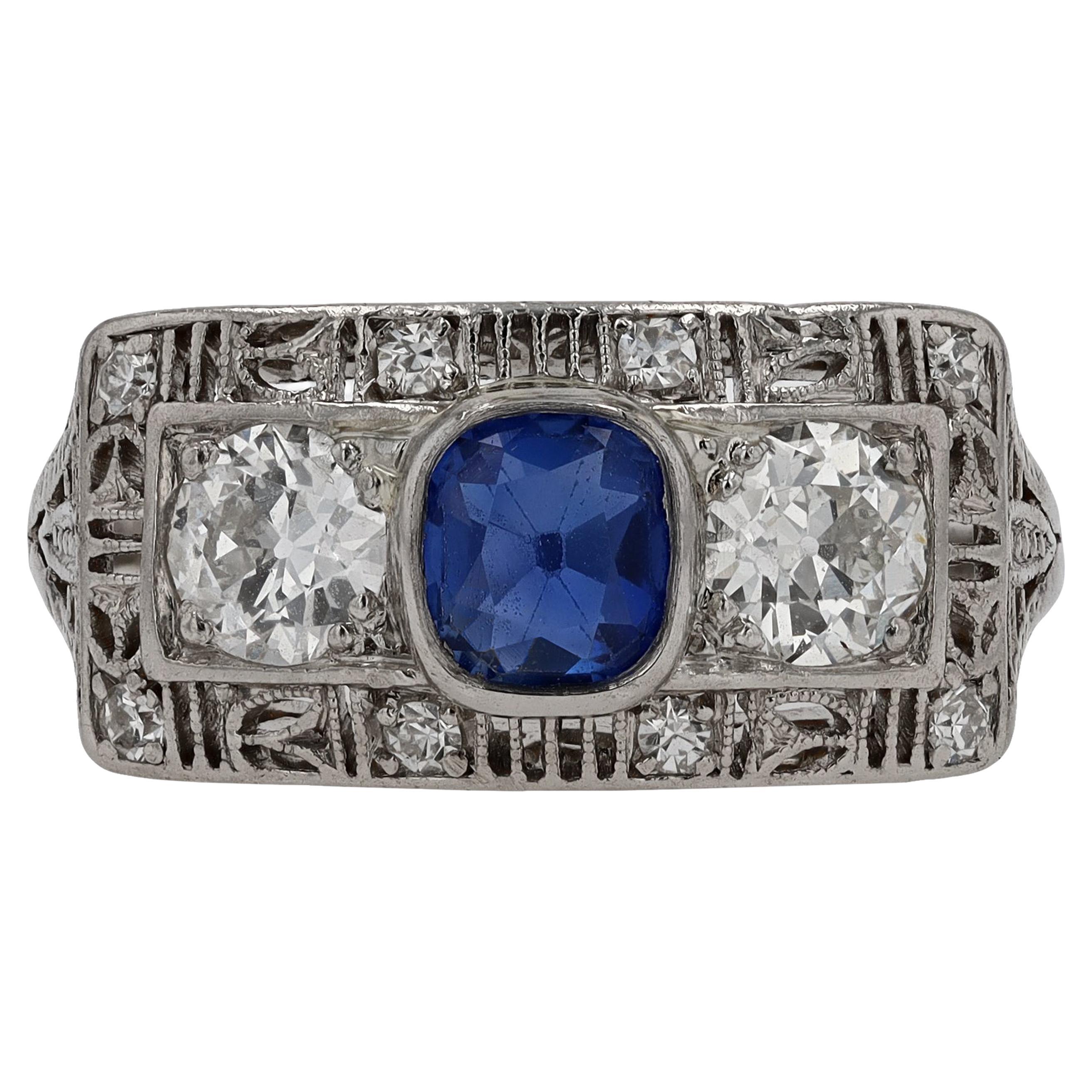 Antique Art Deco Sapphire Diamond 3-Stone Filigree Engagement Ring