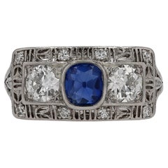 Vintage Art Deco Sapphire Diamond 3-Stone Filigree Engagement Ring