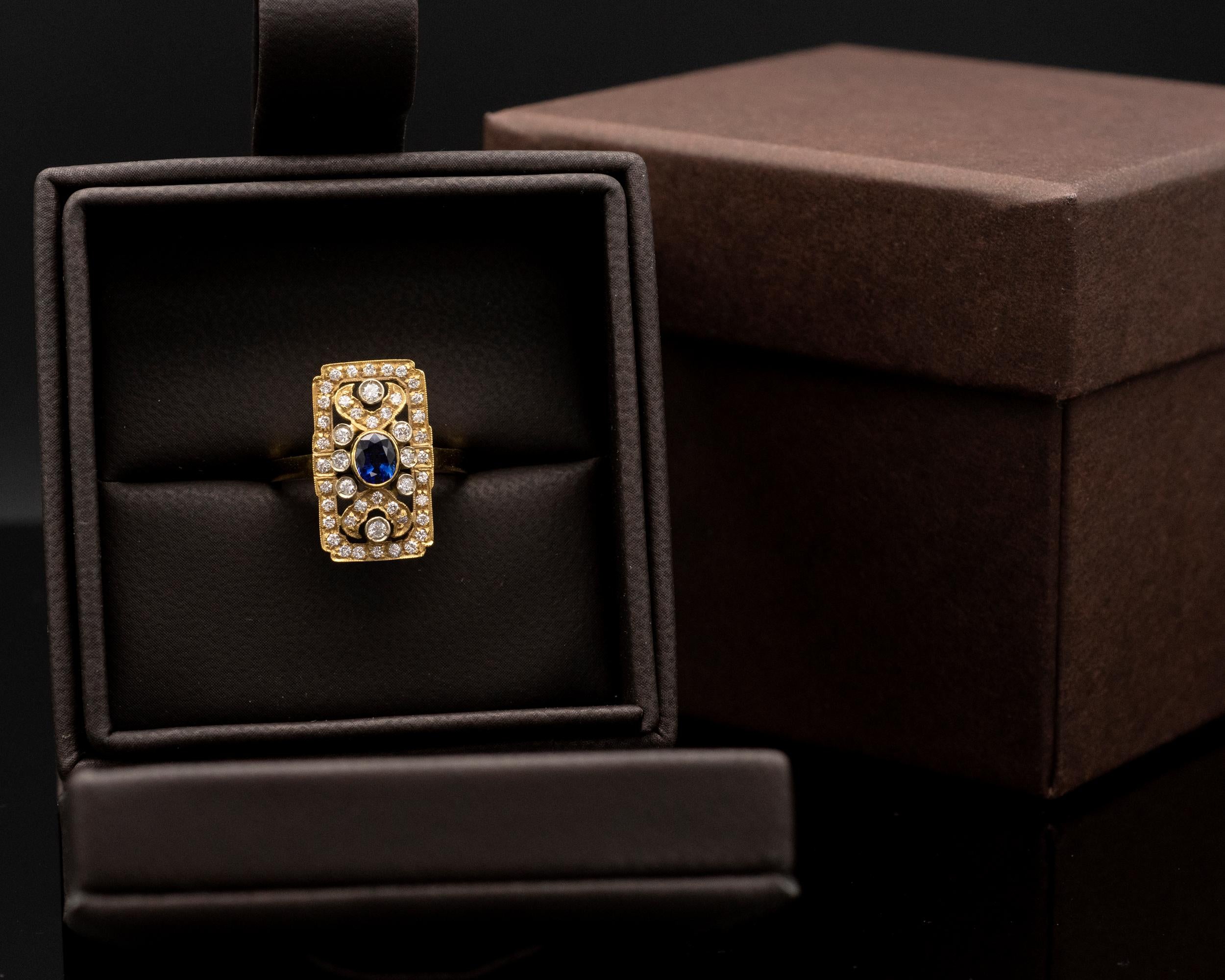 Oval Cut Art Deco Style Sapphire Diamond and 18 Karat Gold Ring For Sale